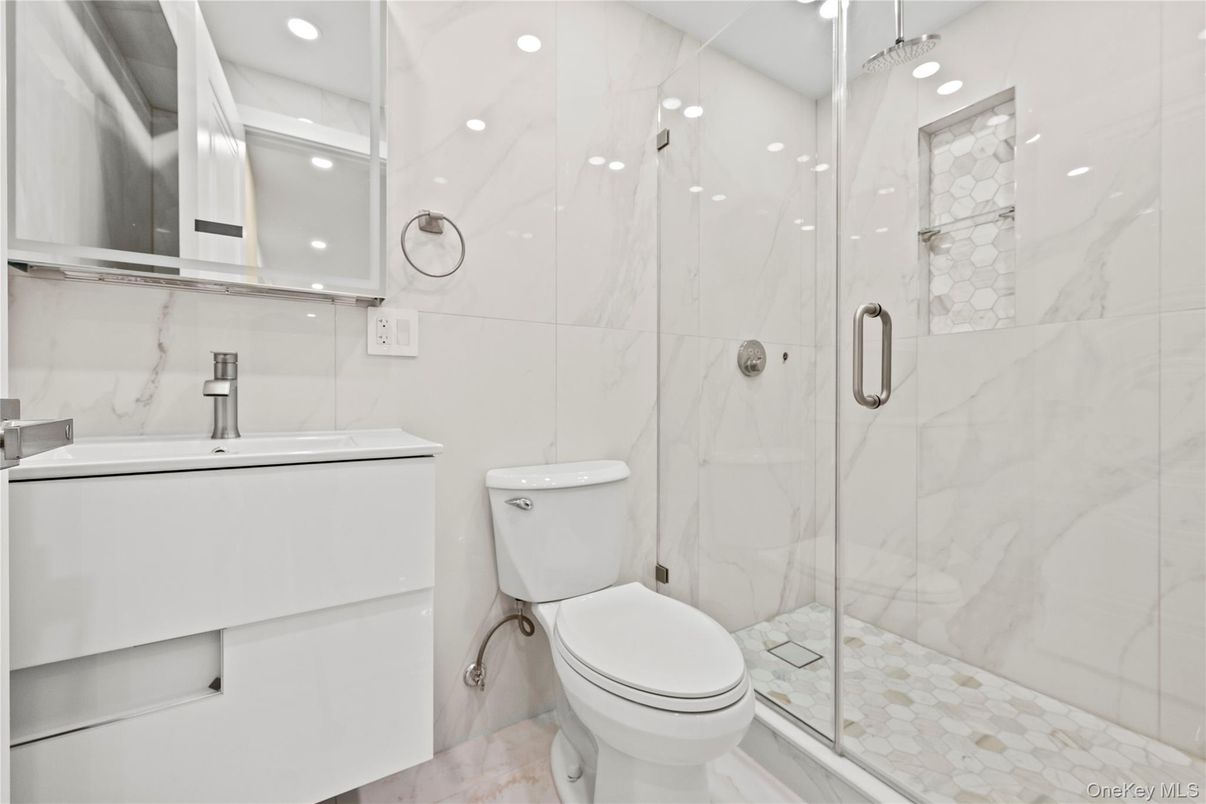 Bathroom, Glass Shower, Interior, Marble Walls, Recessed Lighting