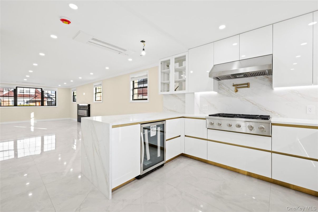 Interior, Kitchen, Marble, Marble Walls, Recessed Lighting, Stainless Steel Appliances