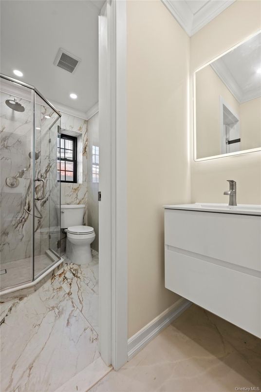 Bathroom, Glass Shower, Interior, Marble, Marble Walls, Recessed Lighting