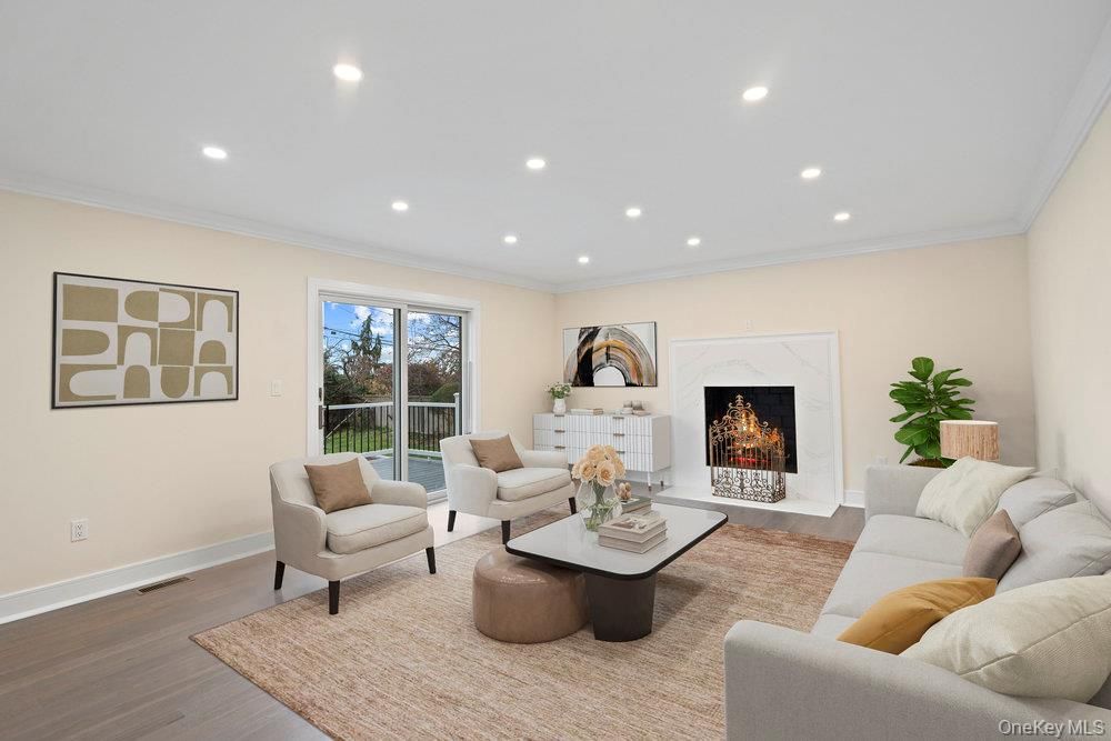 Fireplace, Interior, Living room, Recessed Lighting, Wood Texture Flooring