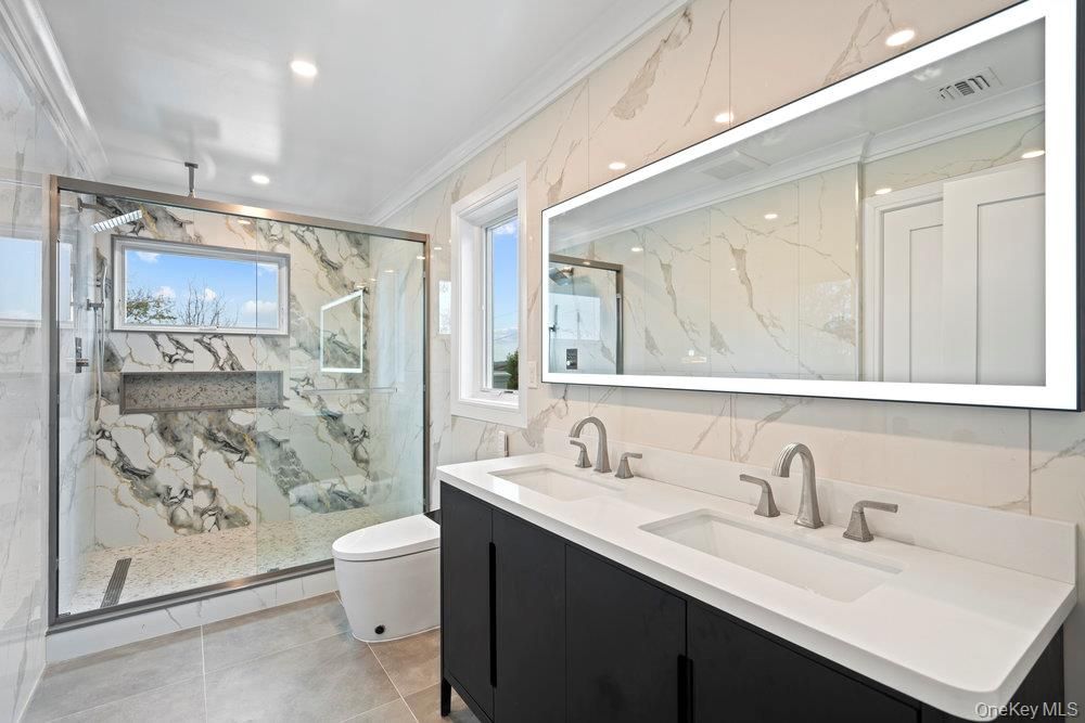 Bathroom, Glass Shower, Interior, Marble Walls, Recessed Lighting