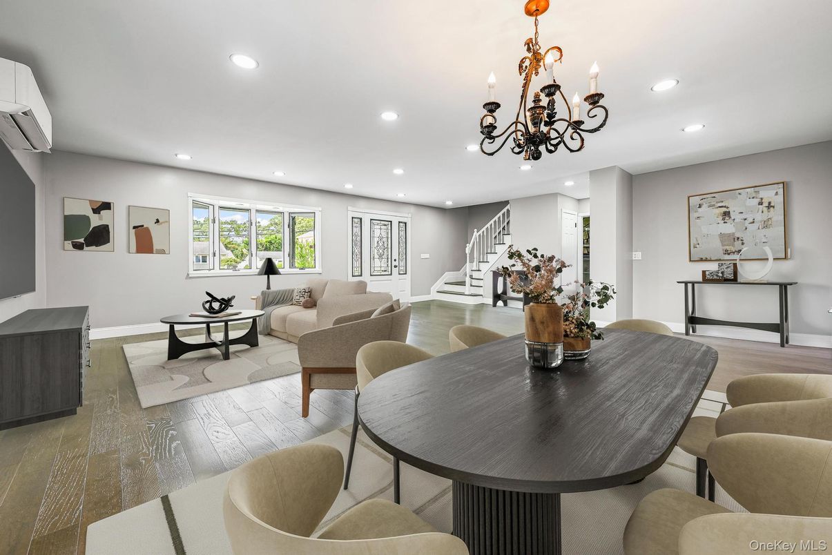 Chandelier, Dining room, Interior, Living room, Recessed Lighting, Wood Texture Flooring