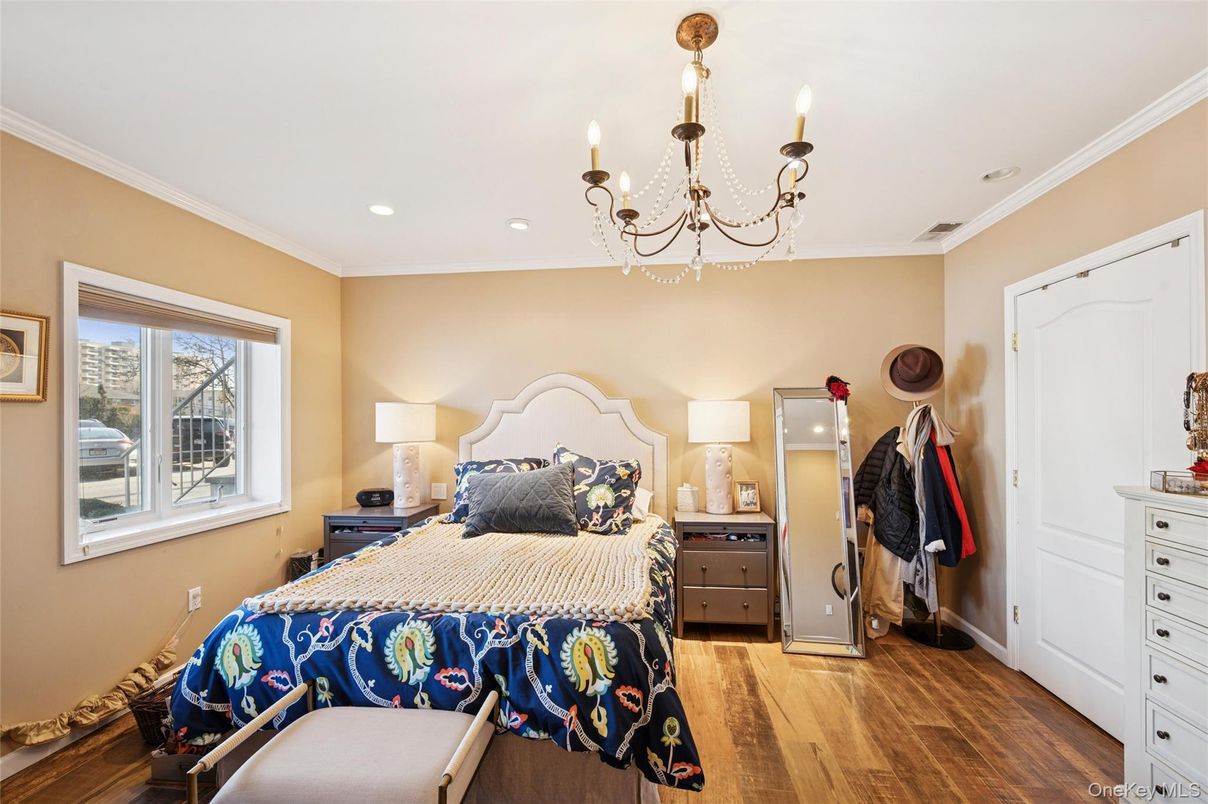 Bedroom, Chandelier, Interior, Recessed Lighting, Wood Texture Flooring