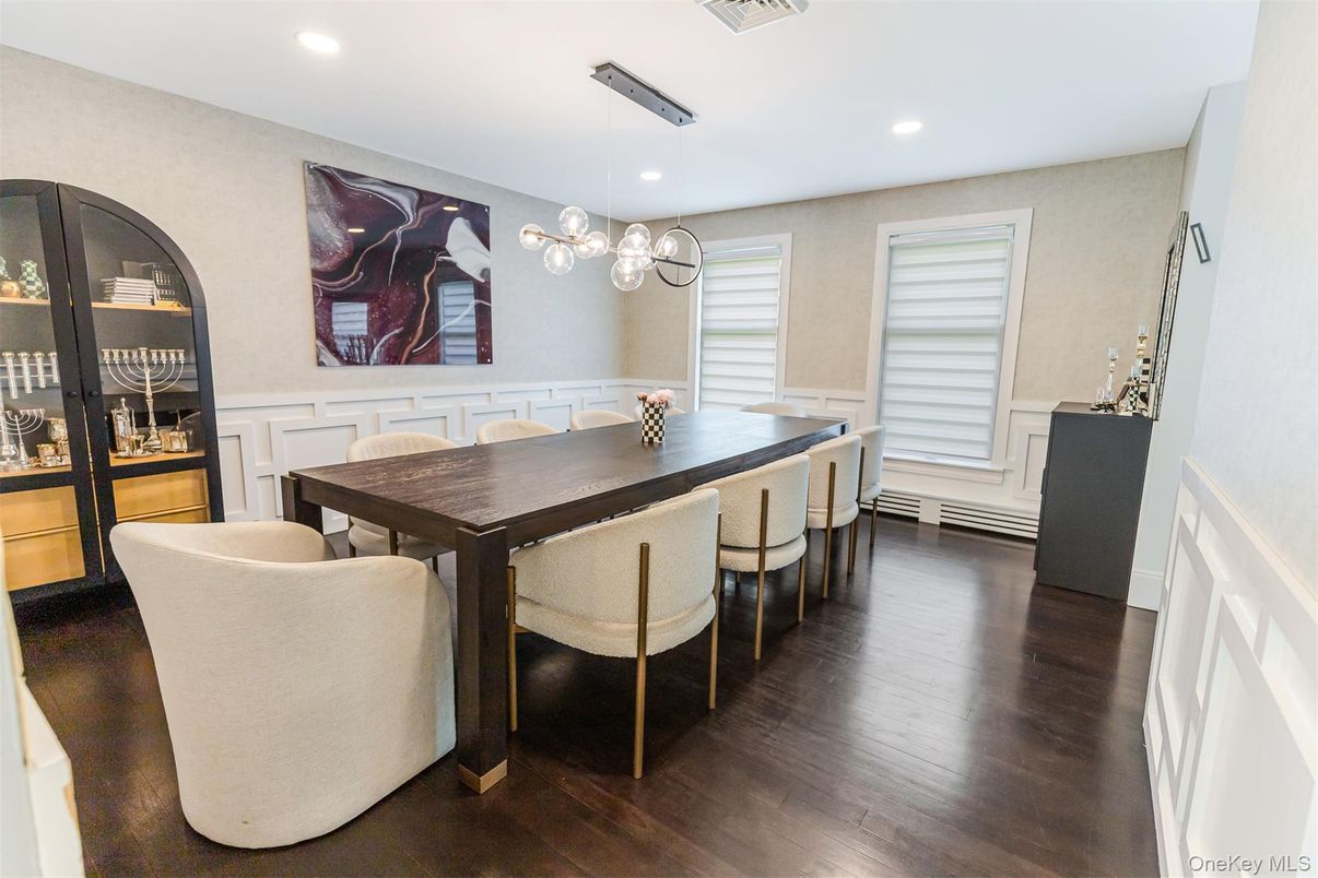 Dining room, Interior, Pendant Lights, Recessed Lighting, Wood Texture Flooring