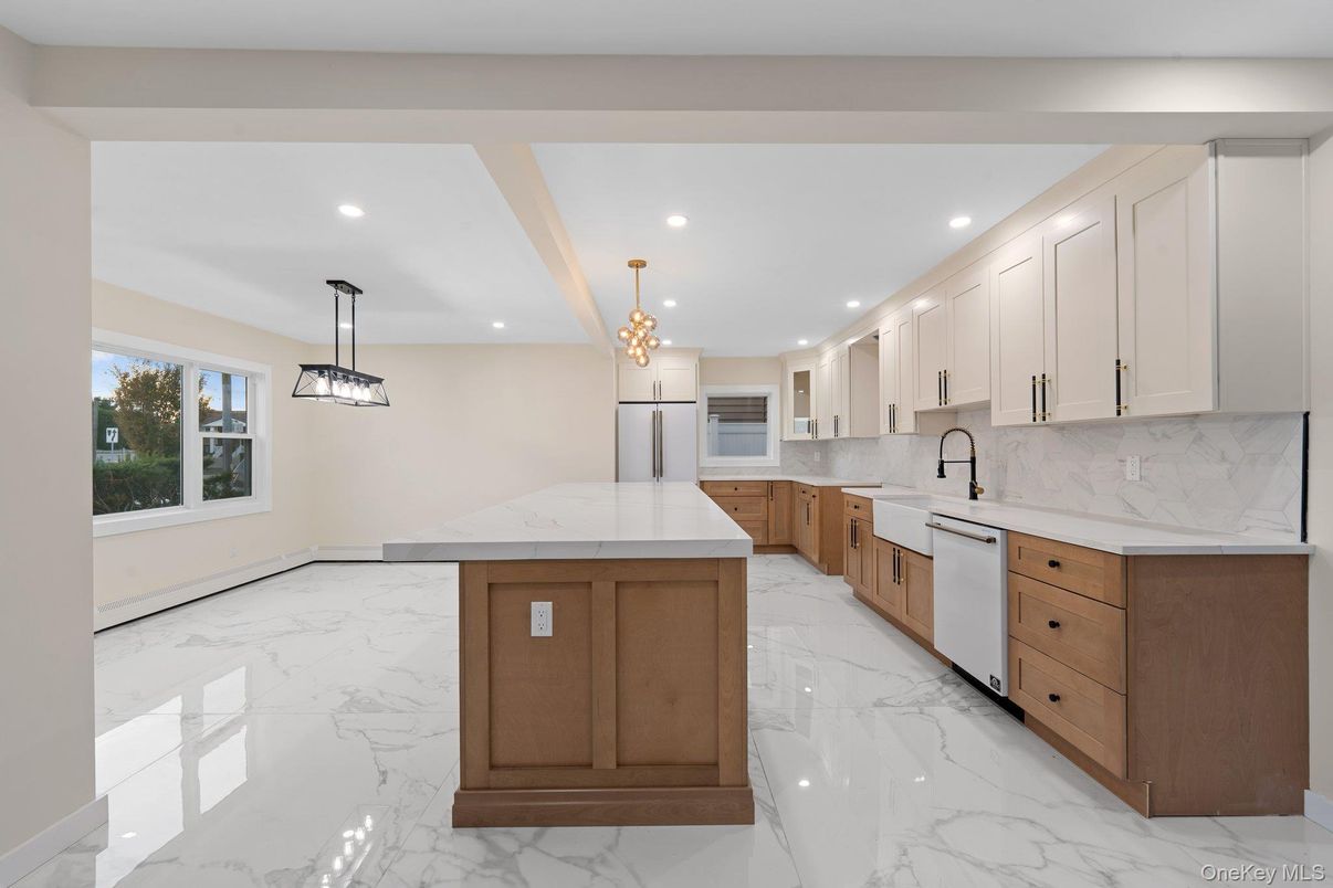 Interior, Kitchen, Marble, Pendant Lights, Recessed Lighting, Stainless Steel Appliances