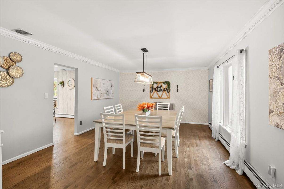 Dining room, Interior, Pendant Lights, Wood Texture Flooring