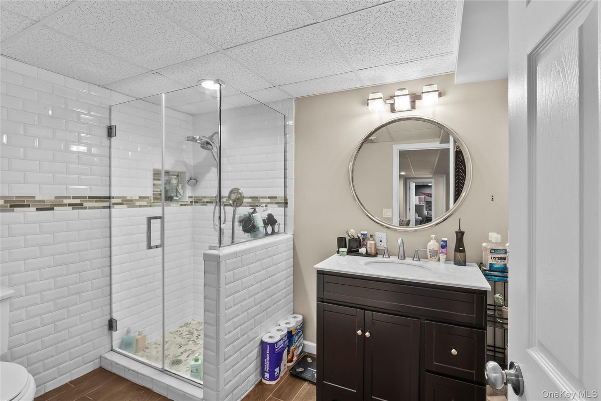 Bathroom, Glass Shower, Interior, Wood Texture Flooring