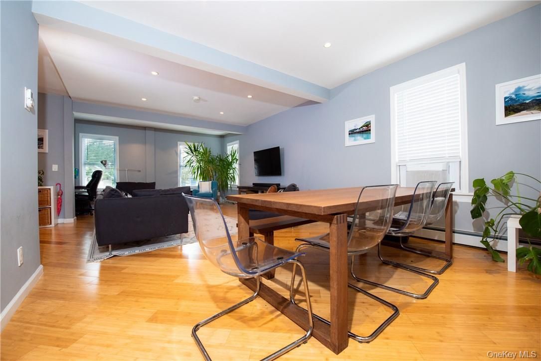 Dining room, Interior, Living room, Recessed Lighting, Wood Texture Flooring