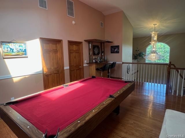 Billiard Table, Chandelier, Game Room, Interior, Wood Texture Flooring