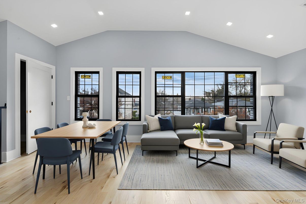 Dining room, Interior, Living room, Recessed Lighting, Wood Texture Flooring