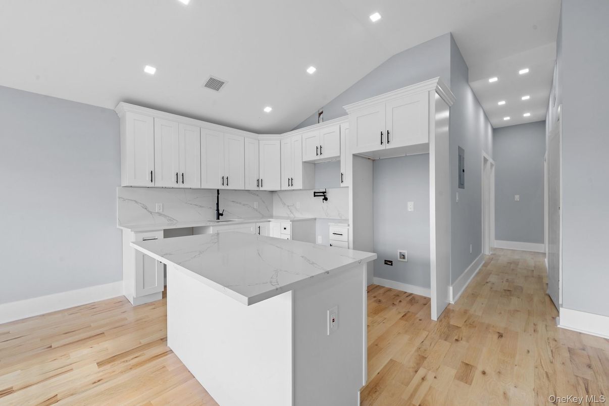 Interior, Kitchen, Marble Walls, Recessed Lighting, Wood Texture Flooring