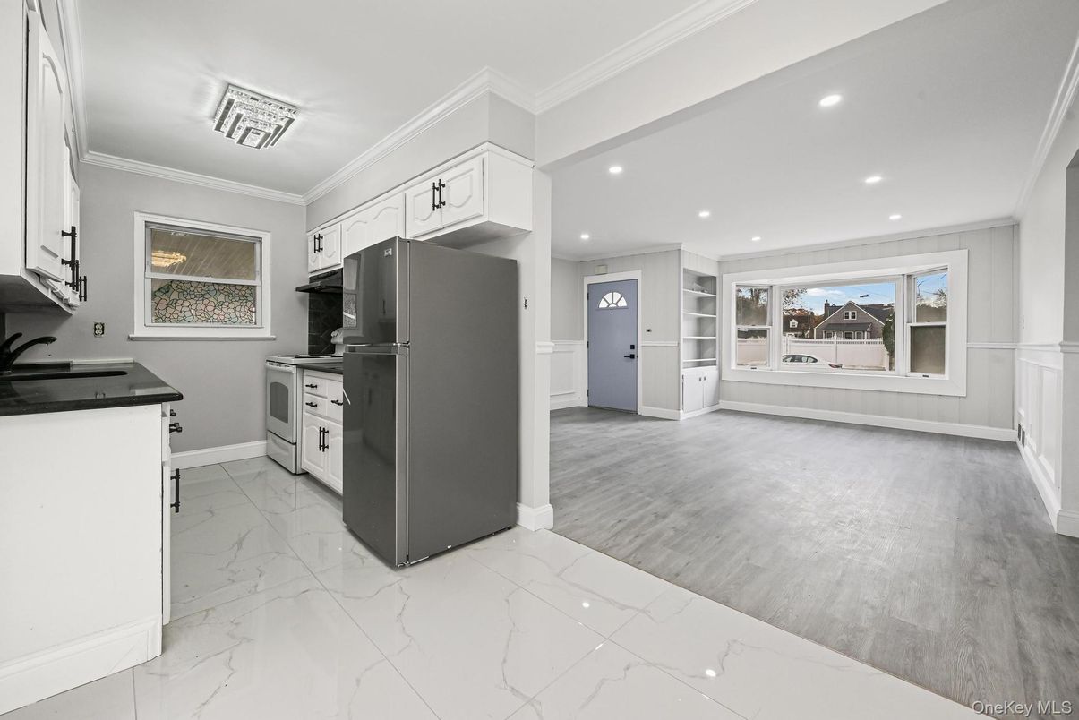 Interior, Kitchen, Marble, Recessed Lighting, Wood Texture Flooring