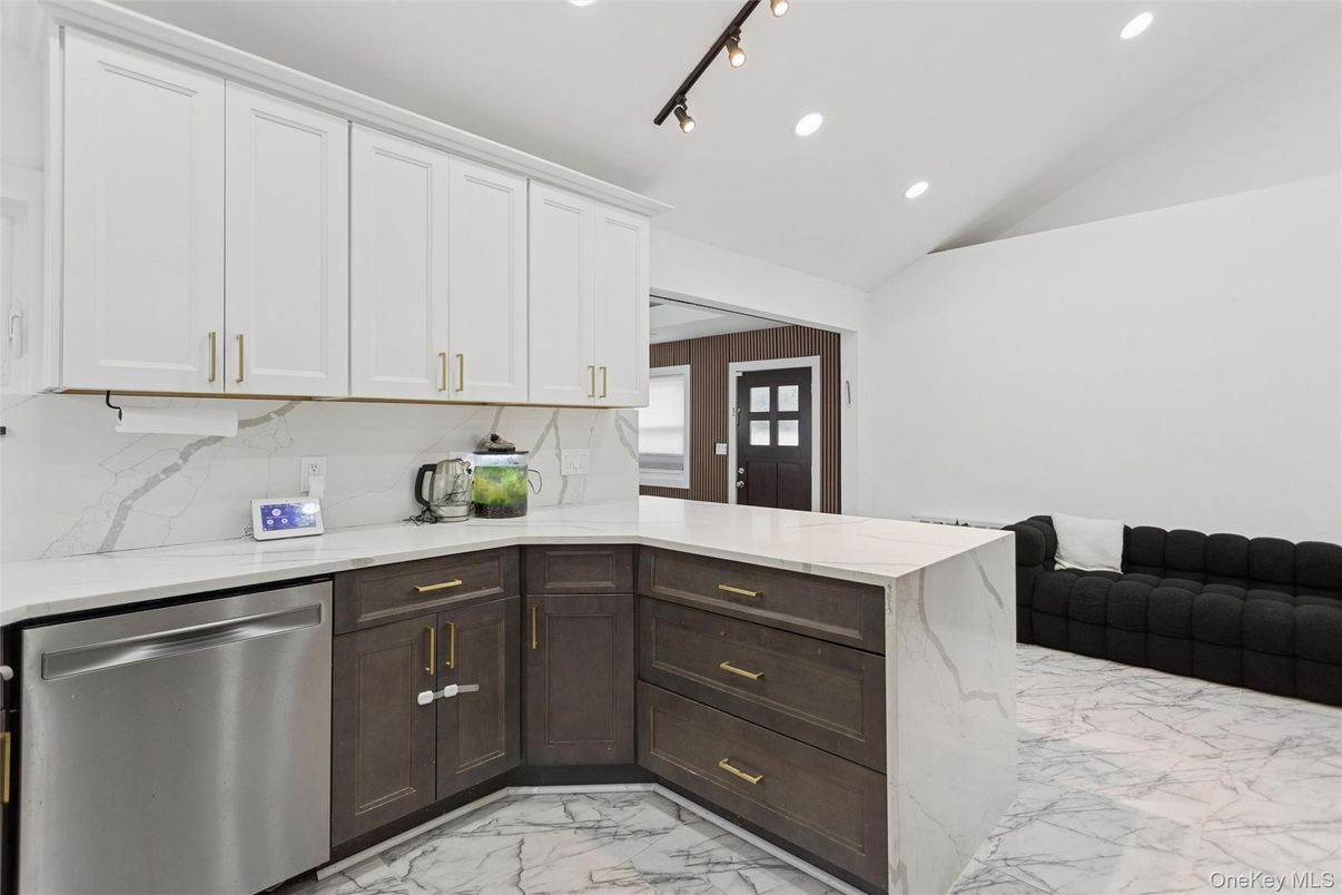 Interior, Kitchen, Marble, Marble Walls, Recessed Lighting, Stainless Steel Appliances