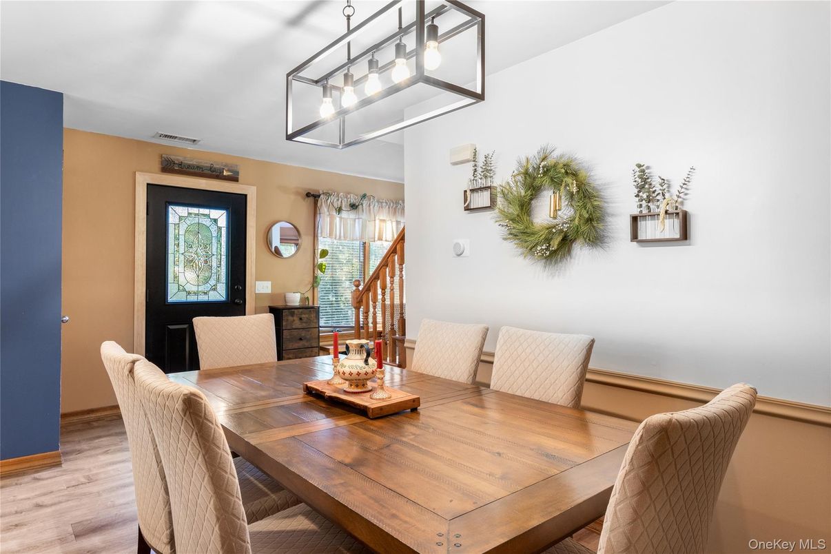 Dining room, Interior, Pendant Lights, Wood Texture Flooring