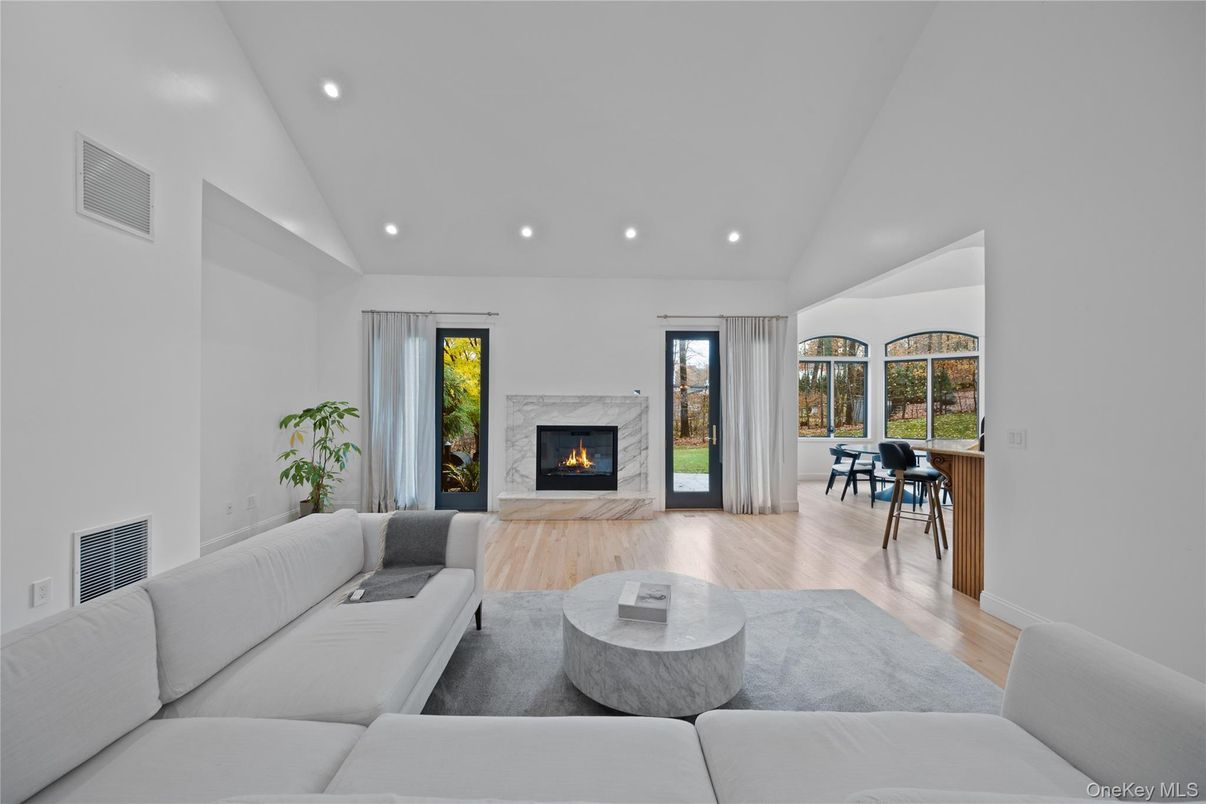 Fireplace, Interior, Living room, Recessed Lighting, Wood Texture Flooring