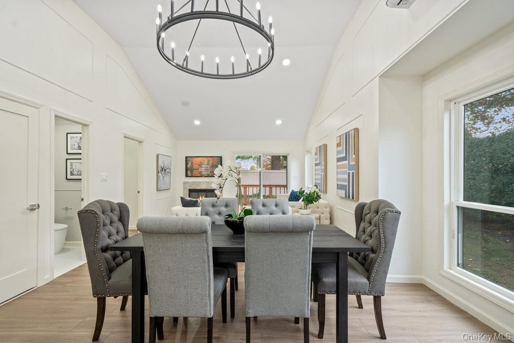 Chandelier, Dining room, Fireplace, Interior, Recessed Lighting, Wood Texture Flooring
