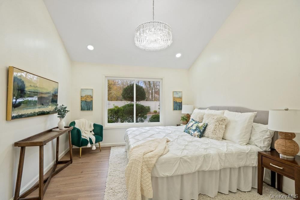 Bedroom, Chandelier, Interior, Recessed Lighting, Wood Texture Flooring