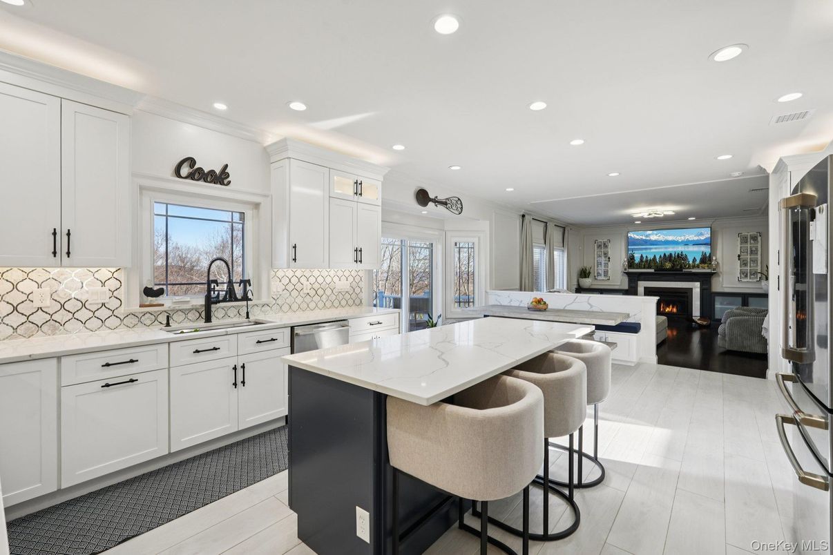 Fireplace, Interior, Kitchen, Recessed Lighting, Stainless Steel Appliances