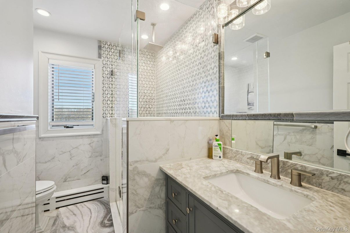 Bathroom, Glass Shower, Interior, Marble Walls, Recessed Lighting