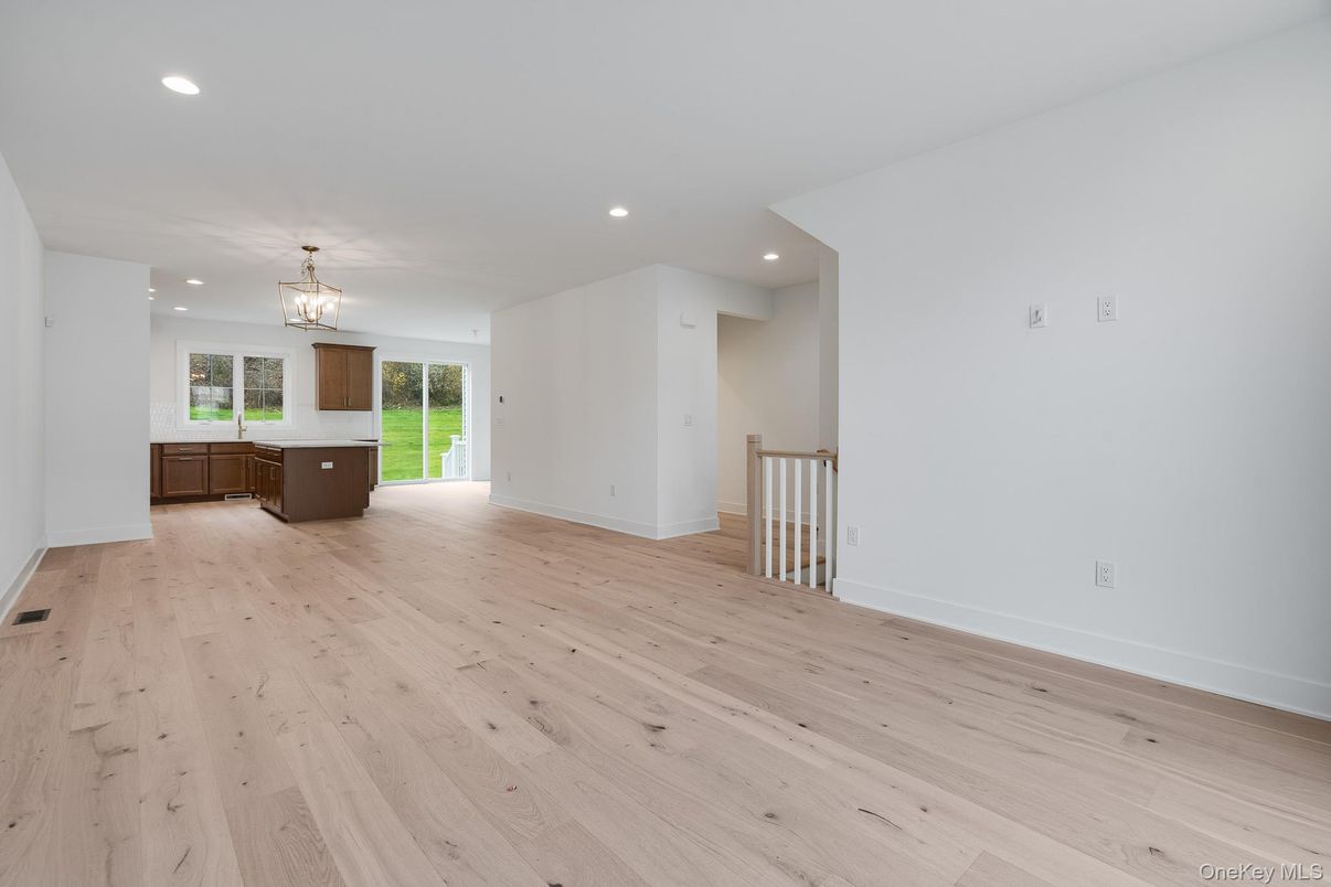 Chandelier, Empty room, Interior, Kitchen, Recessed Lighting, Wood Texture Flooring