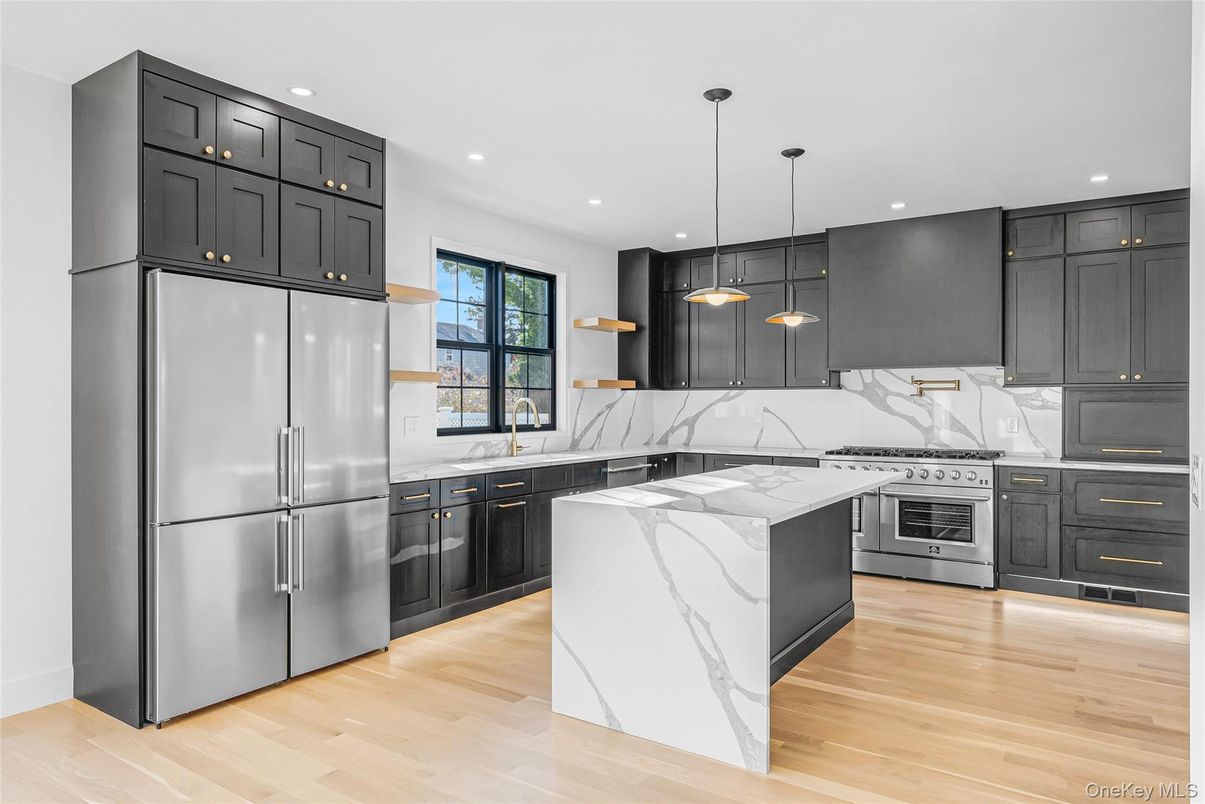 Interior, Kitchen, Marble Walls, Pendant Lights, Recessed Lighting, Stainless Steel Appliances, Wood Texture Flooring