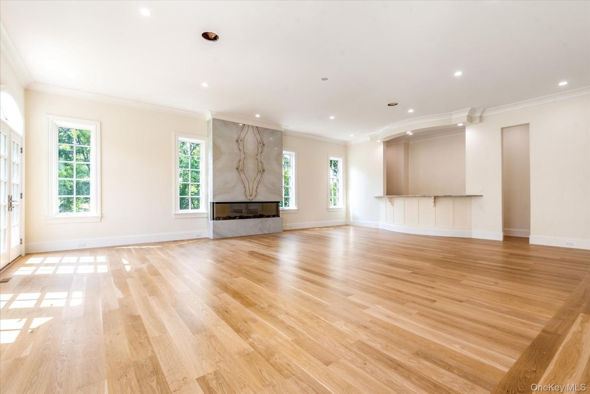 Empty room, Fireplace, Interior, Recessed Lighting, Wood Texture Flooring