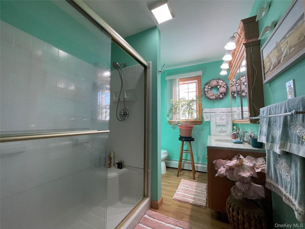 Bathroom, Glass Shower, Interior, Wood Texture Flooring