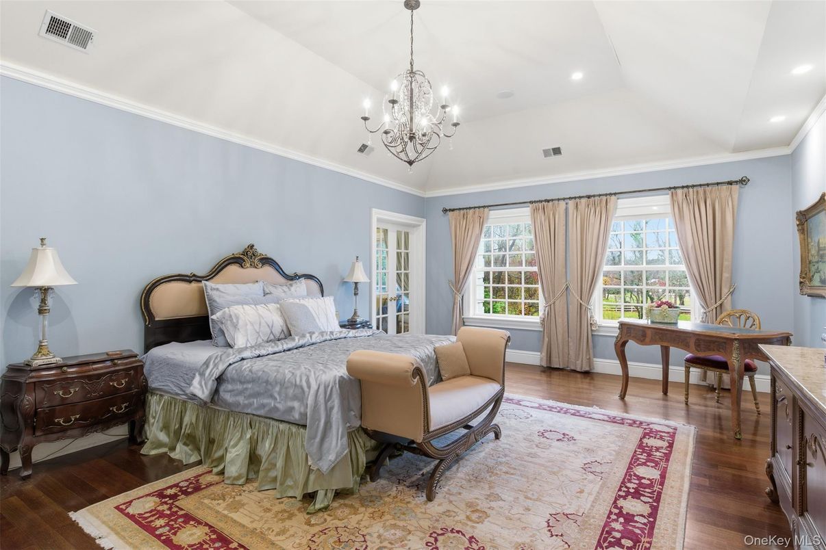 Bedroom, Chandelier, Interior, Recessed Lighting, Wood Texture Flooring