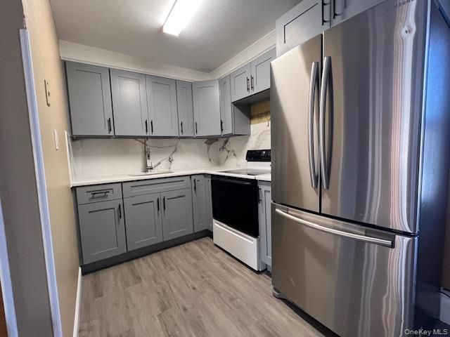 Interior, Kitchen, Marble Walls, Stainless Steel Appliances, Wood Texture Flooring