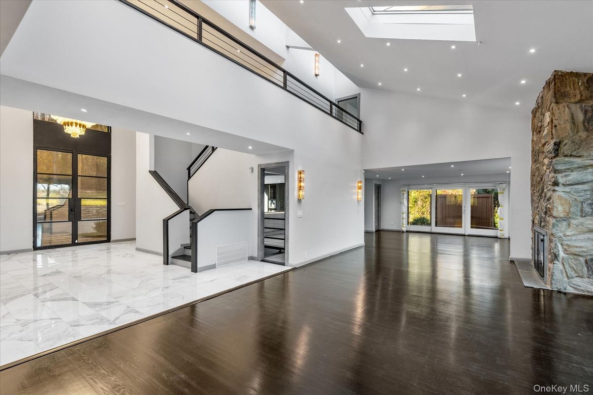 Fireplace, Interior, Marble, Recessed Lighting, Wood Texture Flooring