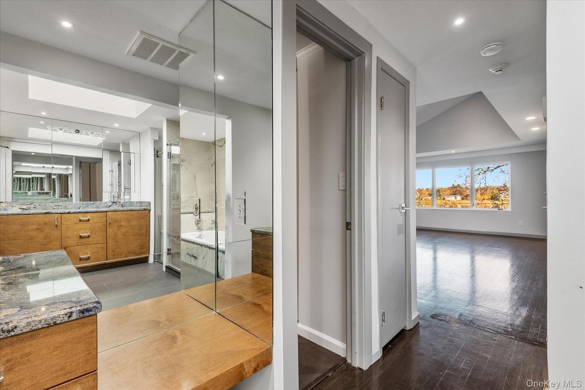 Bathroom, Glass Shower, Interior, Recessed Lighting, Wood Texture Flooring