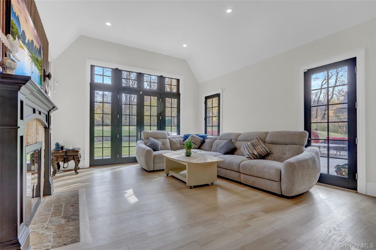 Fireplace, Interior, Living room, Recessed Lighting, Wood Texture Flooring