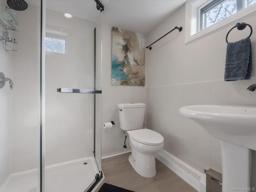 Bathroom, Glass Shower, Interior, Recessed Lighting, Wood Texture Flooring