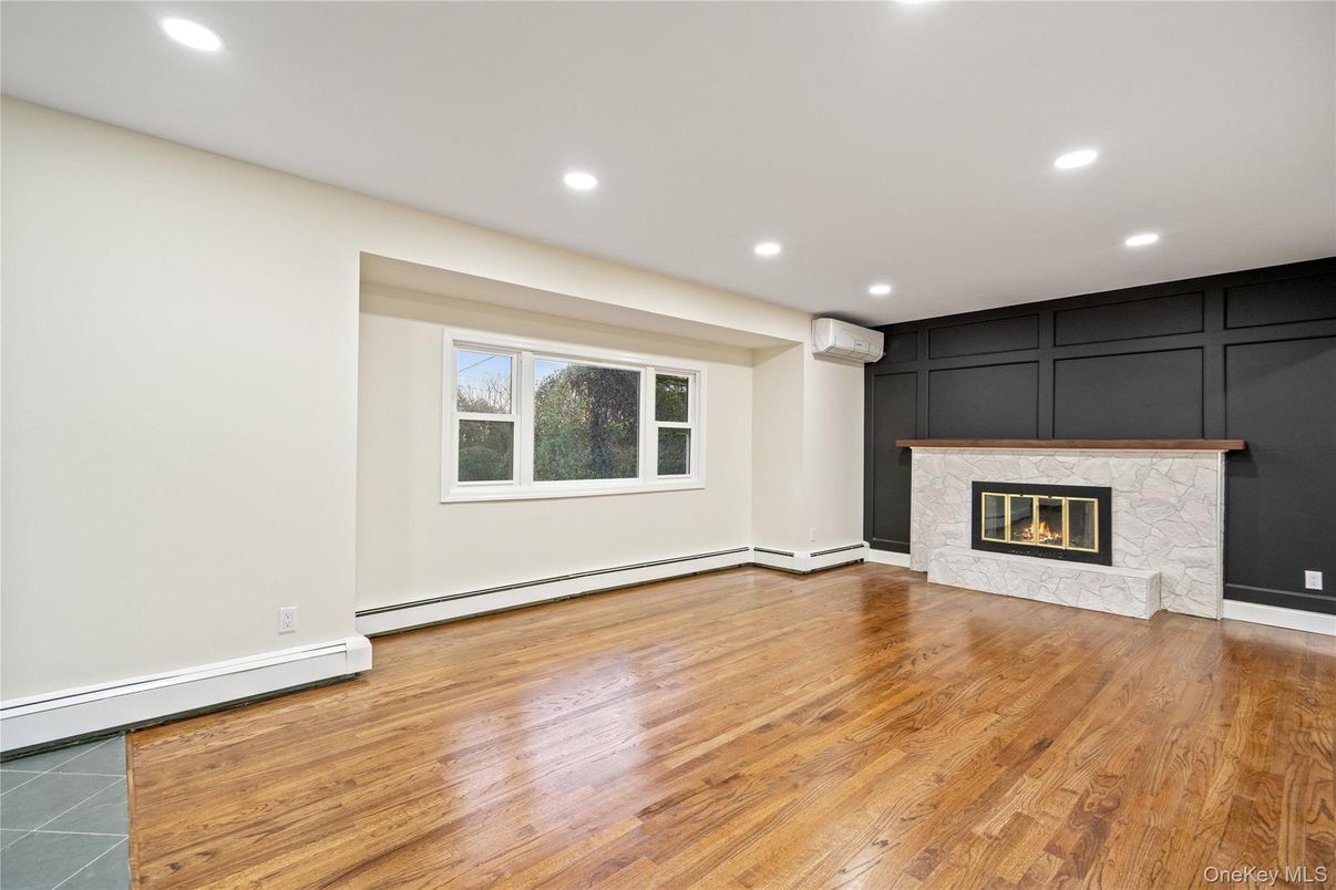 Empty room, Fireplace, Interior, Recessed Lighting, Wood Texture Flooring
