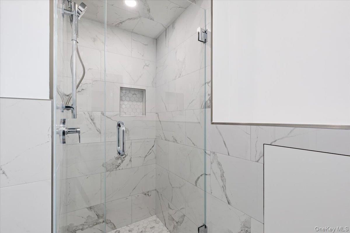 Bathroom, Glass Shower, Interior, Marble Walls, Recessed Lighting
