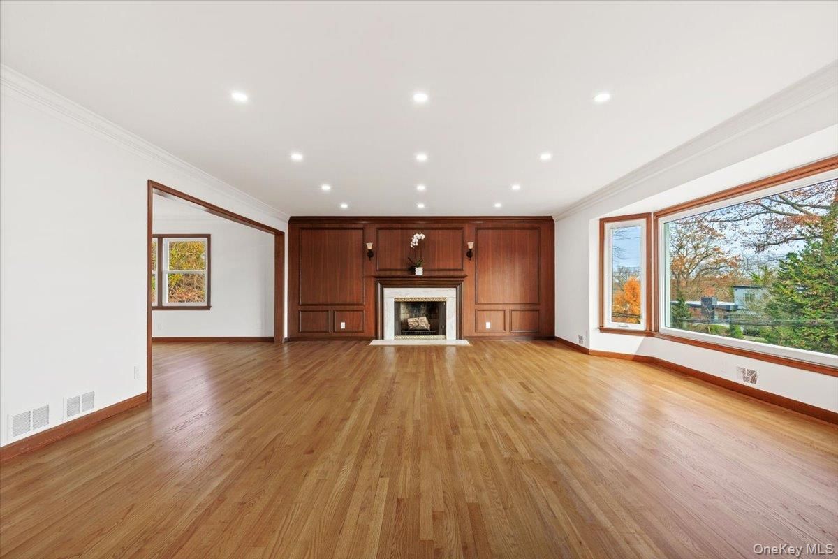 Empty room, Fireplace, Interior, Recessed Lighting, Wood Texture Flooring, Wooden Walls