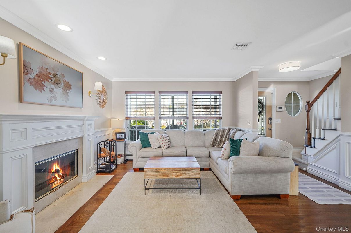 Fireplace, Interior, Living room, Recessed Lighting, Wood Texture Flooring