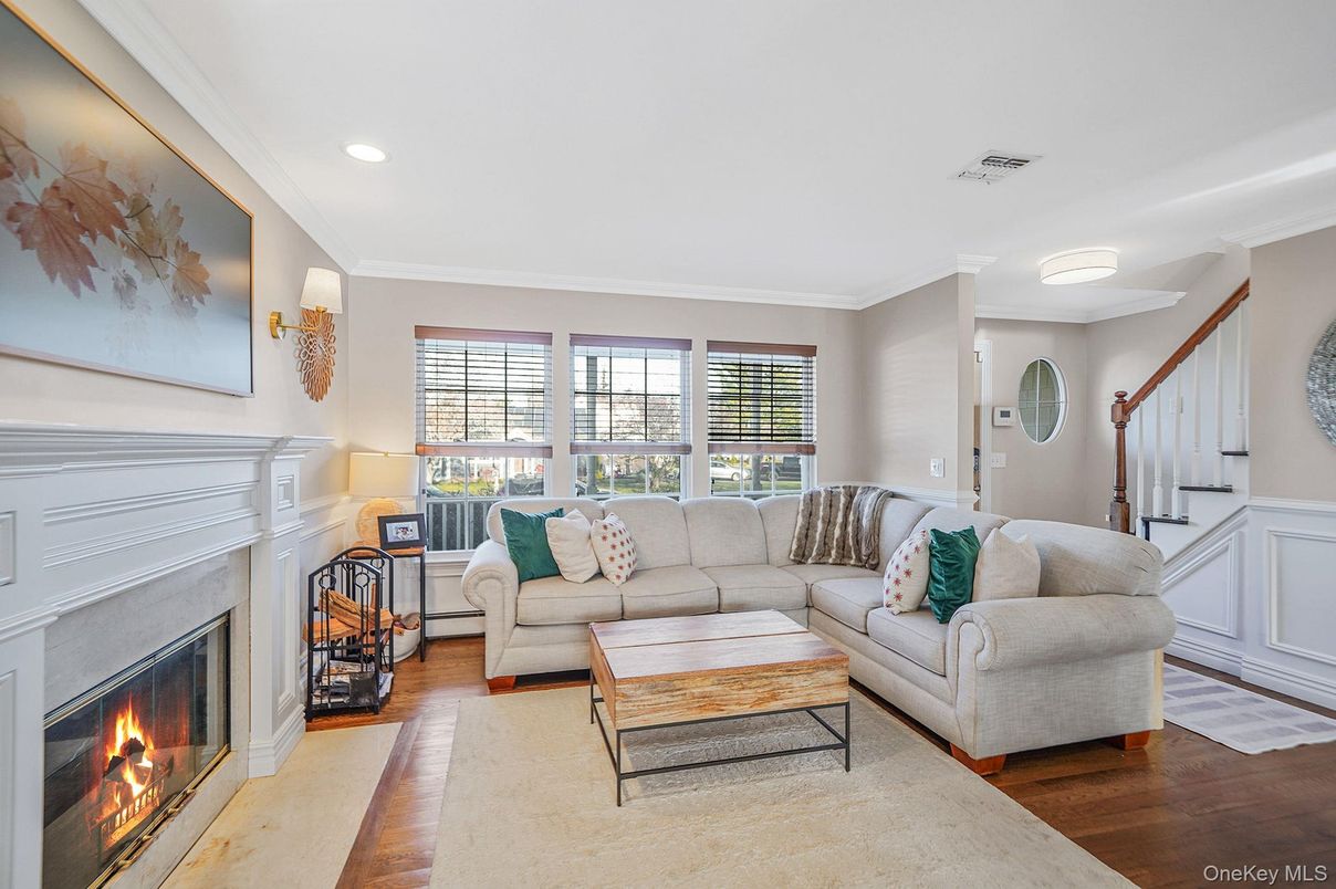 Fireplace, Interior, Living room, Recessed Lighting, Wood Texture Flooring