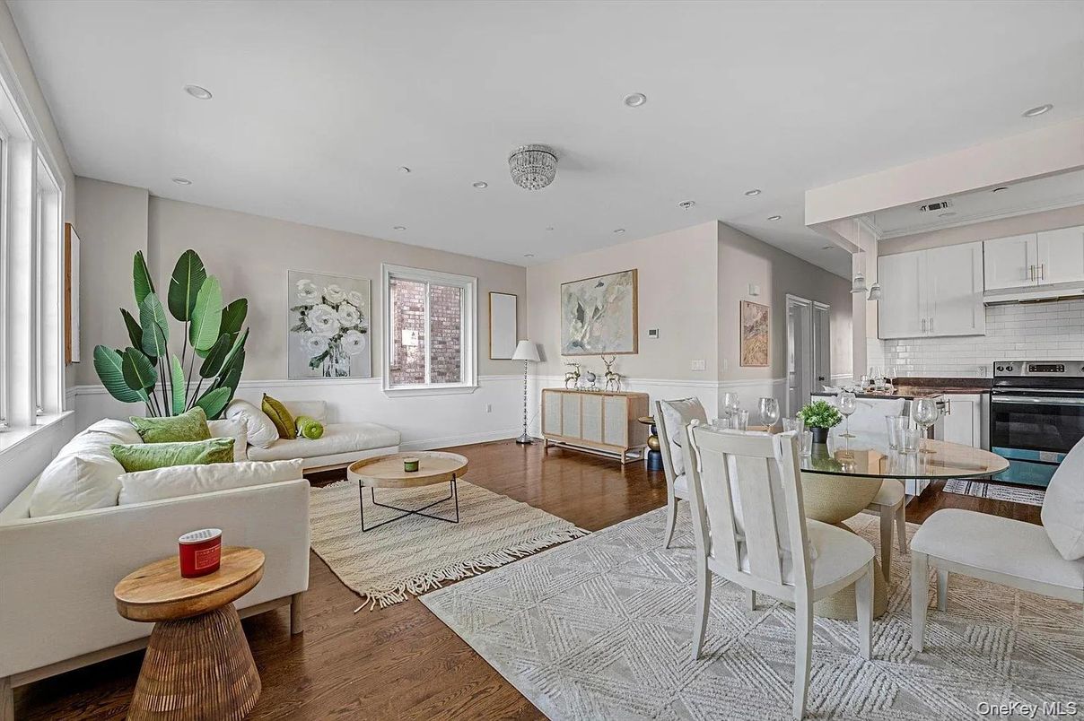 Dining room, Interior, Kitchen, Living room, Recessed Lighting, Stainless Steel Appliances, Wood Texture Flooring