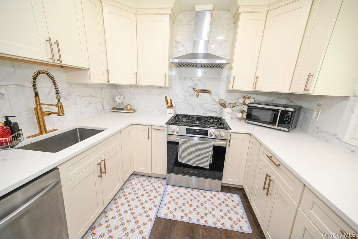 Interior, Kitchen, Marble Walls, Stainless Steel Appliances, Wood Texture Flooring