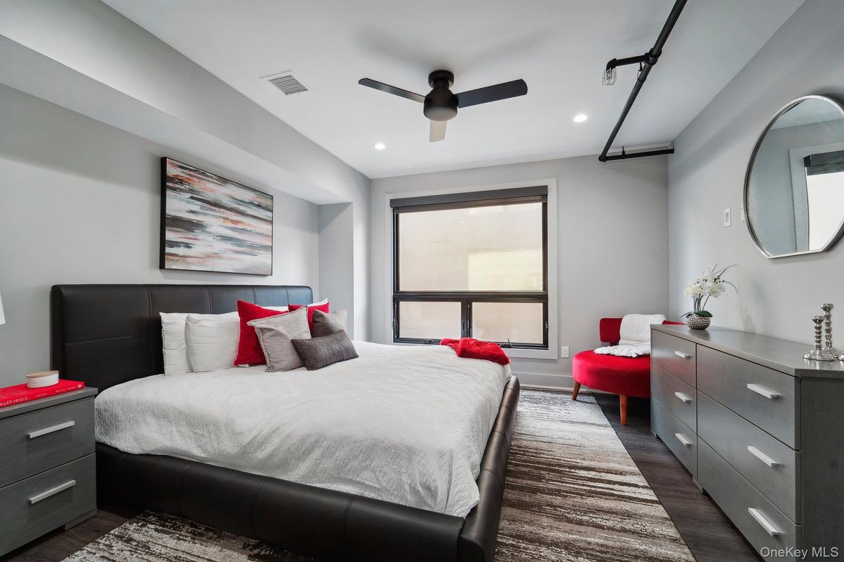 Bedroom, Interior, Recessed Lighting, Wood Texture Flooring