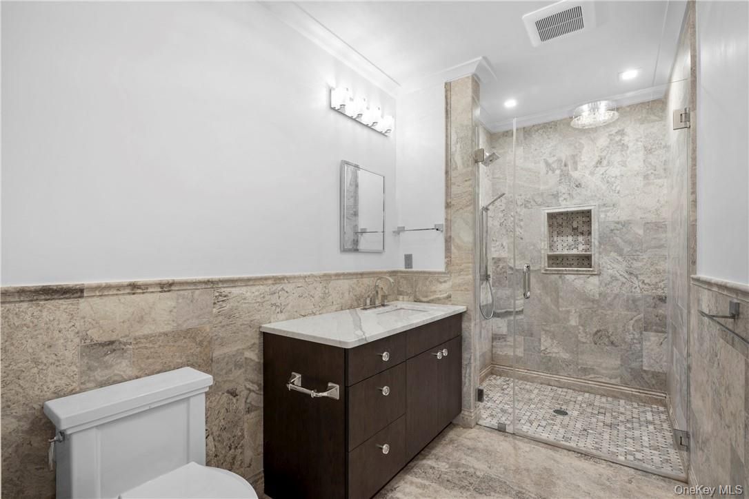 Bathroom, Glass Shower, Interior, Marble Walls, Recessed Lighting