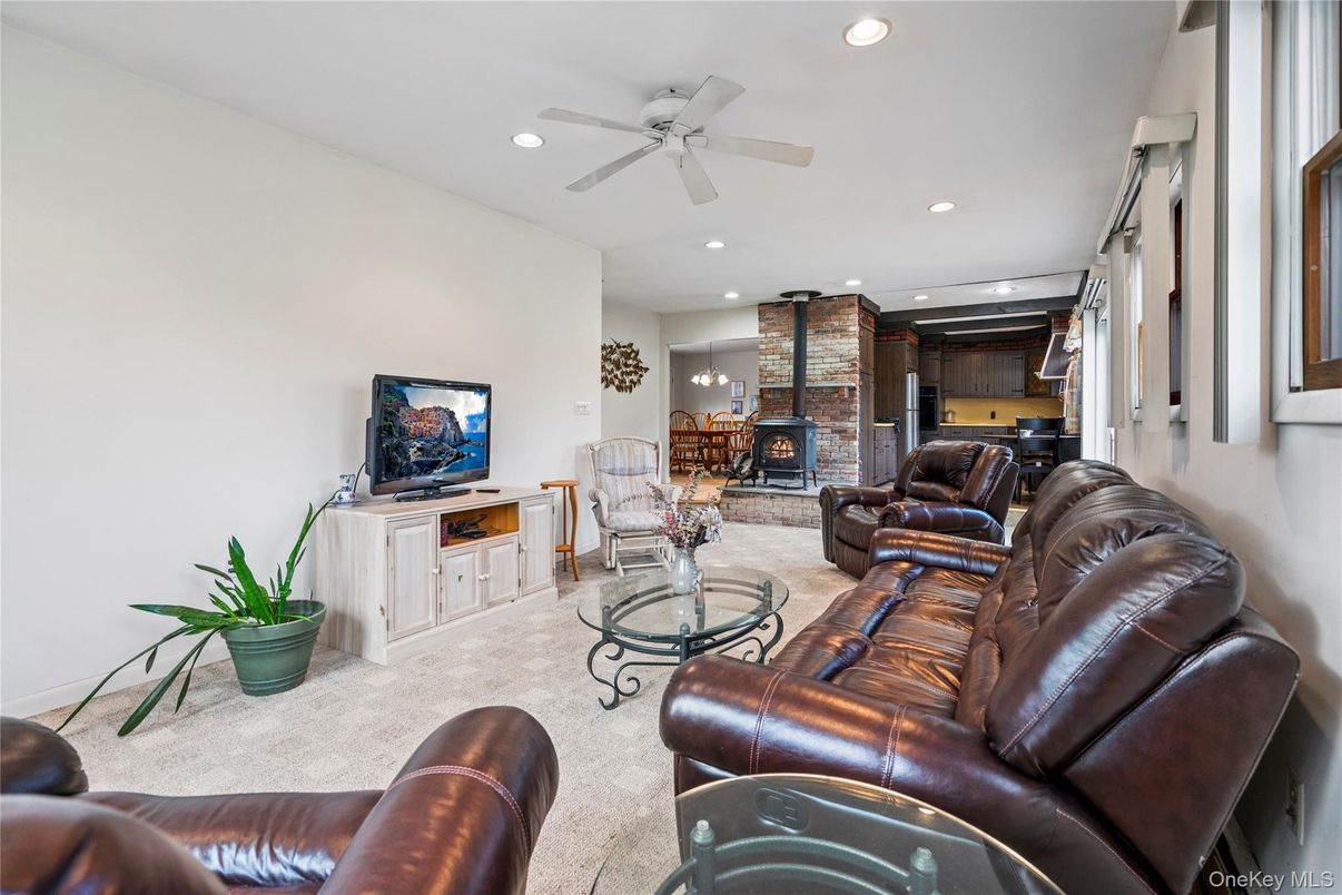 Fireplace, Interior, Living room, Recessed Lighting, Stone Walls