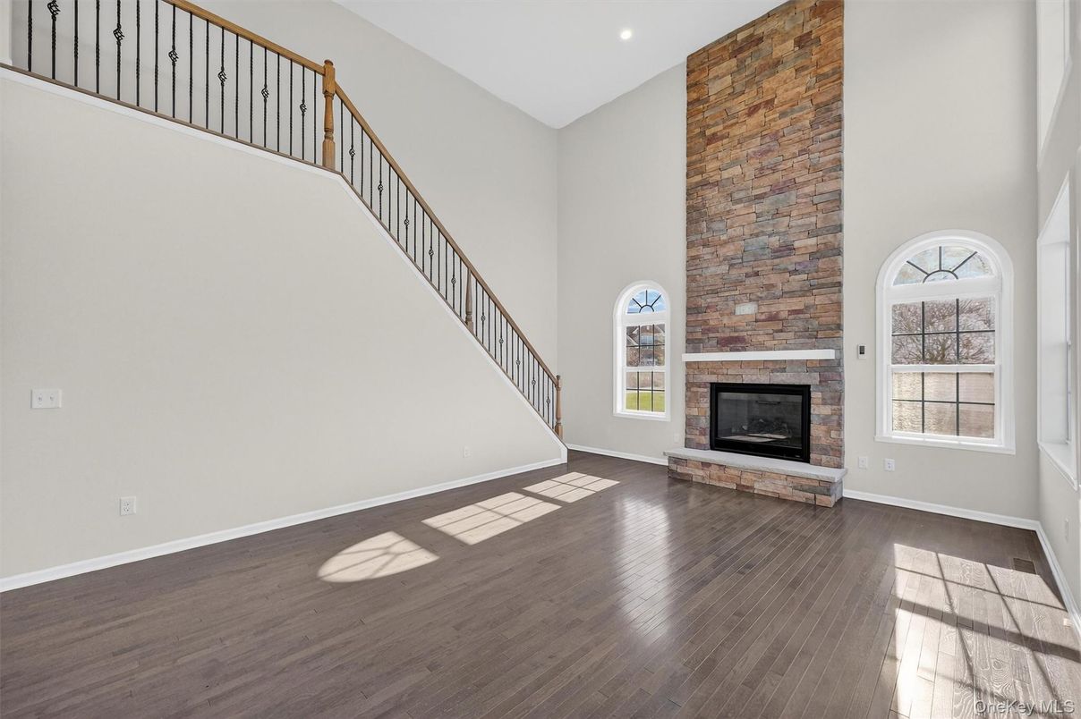 Fireplace, Interior, Recessed Lighting, Stone Walls, Wood Texture Flooring