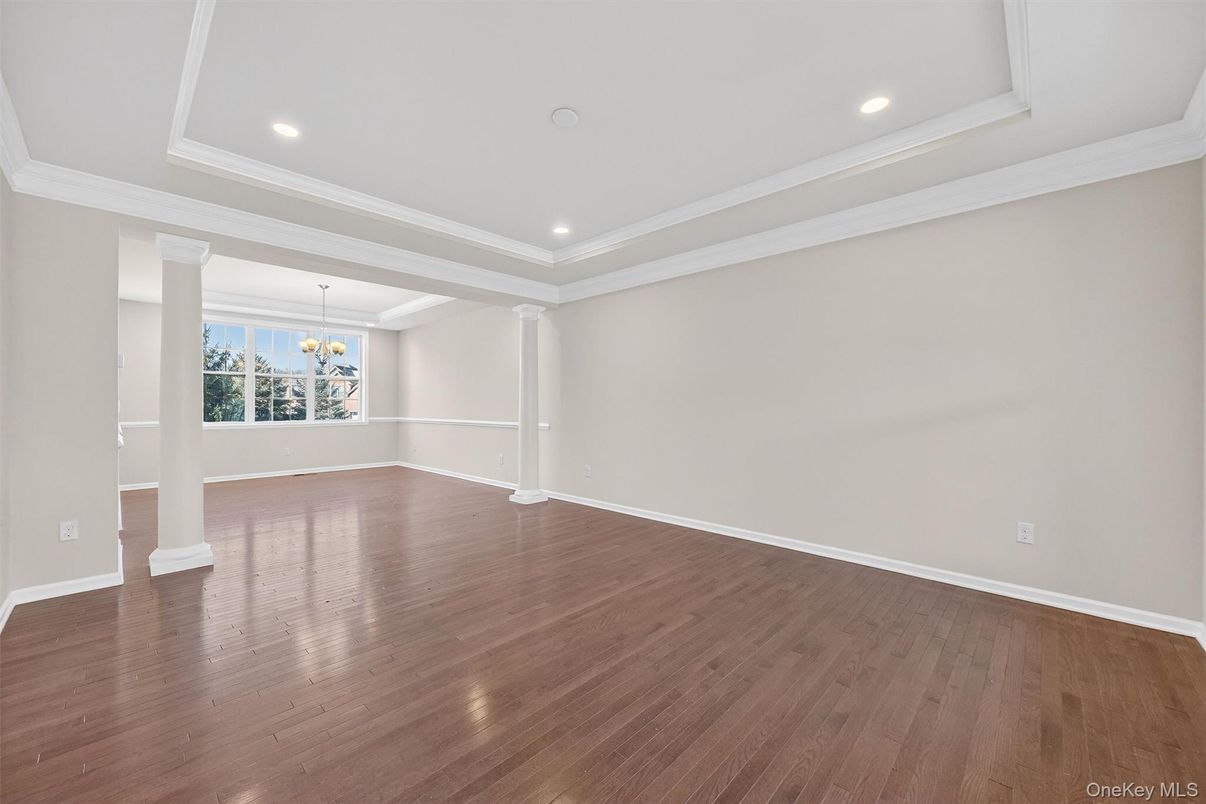 Chandelier, Empty room, Interior, Recessed Lighting, Wood Texture Flooring