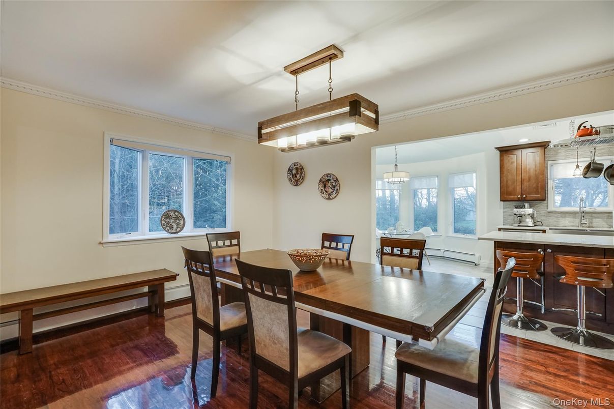 Dining room, Interior, Pendant Lights, Wood Texture Flooring