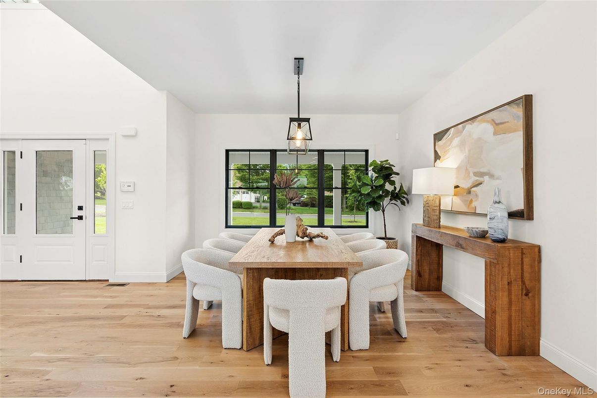 Dining room, Interior, Pendant Lights, Wood Texture Flooring