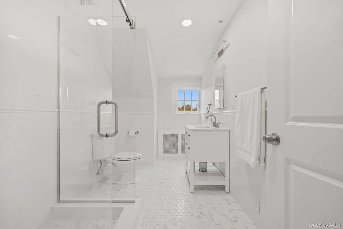 Bathroom, Glass Shower, Interior, Marble, Recessed Lighting