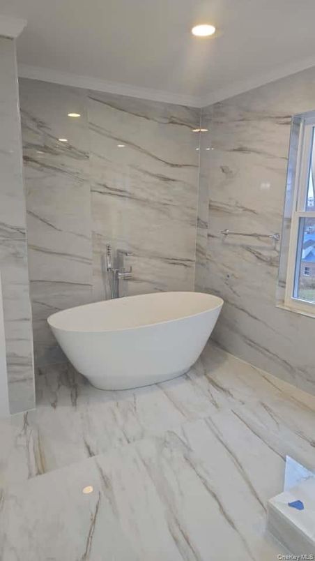 Bathroom, Free Standing Baths, Interior, Marble, Marble Walls, Recessed Lighting