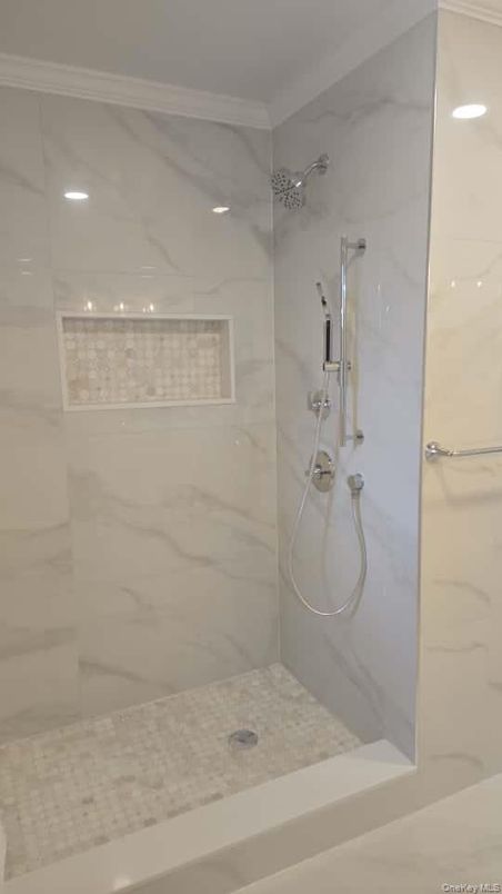 Bathroom, Glass Shower, Interior, Marble Walls, Recessed Lighting
